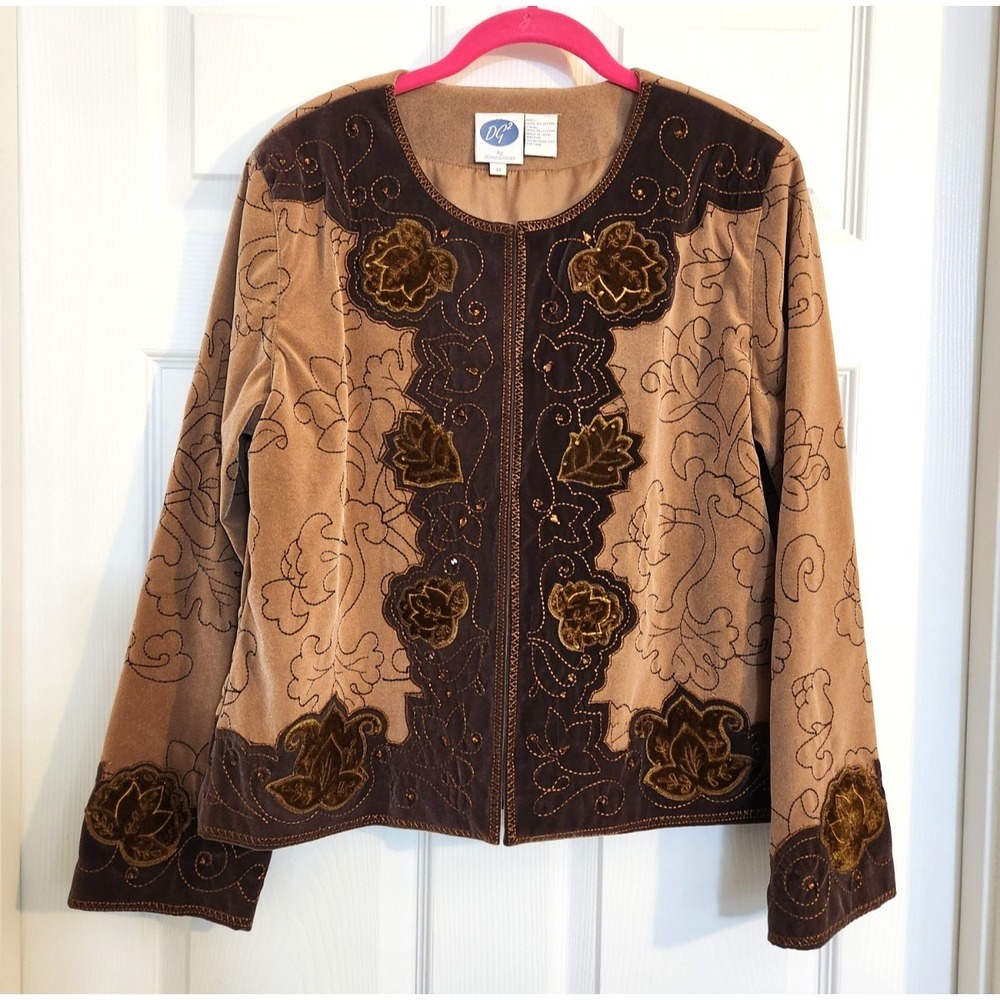 Diane Gilman DG2 Sz M Brown Jacket Blazer Embroidered Beaded Sequin Faux Suede